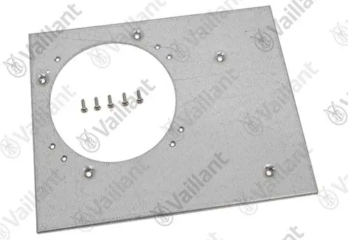 Metallplatte von Vaillant mit runder Aussparung und mehreren Befestigungslöchern, dazu fünf Schrauben.
